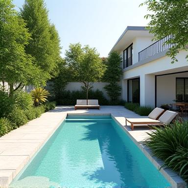 3D-Visualisierung eines modernen Gartens mit fliessendem Übergang zum Pool und Lounge-Bereich
